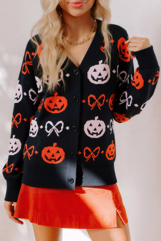 Black Halloween Pumpkin Bow Knit Button V Neck Sweater Cardigan