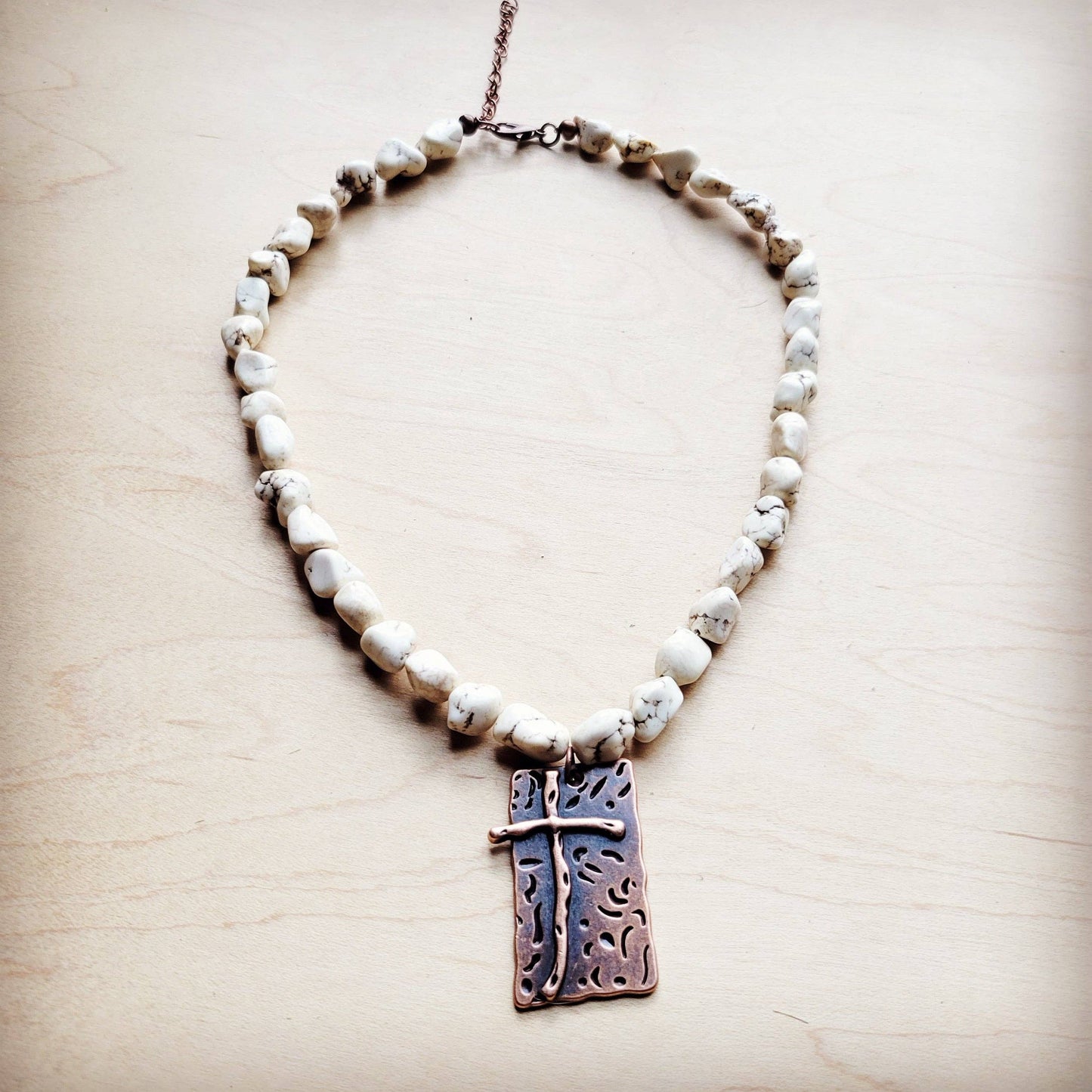 White Turquoise Collar Necklace w/ Copper Cross Pendant 259y