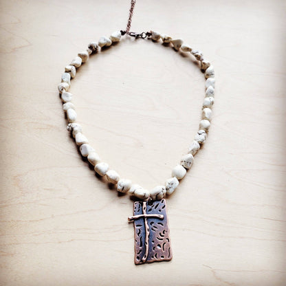 White Turquoise Collar Necklace w/ Copper Cross Pendant 259y