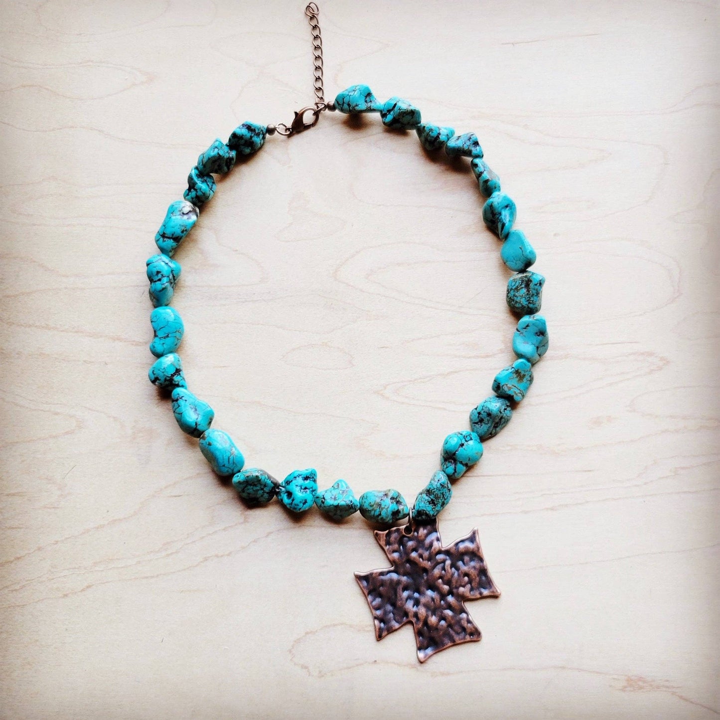 Chunky Blue Green Turquoise Collar Necklace w/ Cross Pendant