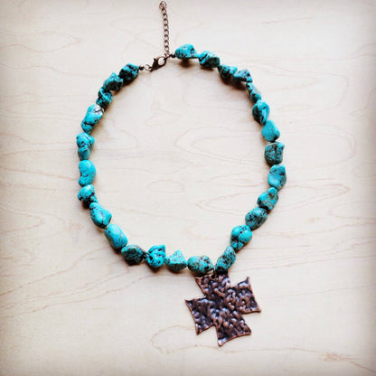 Chunky Blue Green Turquoise Collar Necklace w/ Cross Pendant