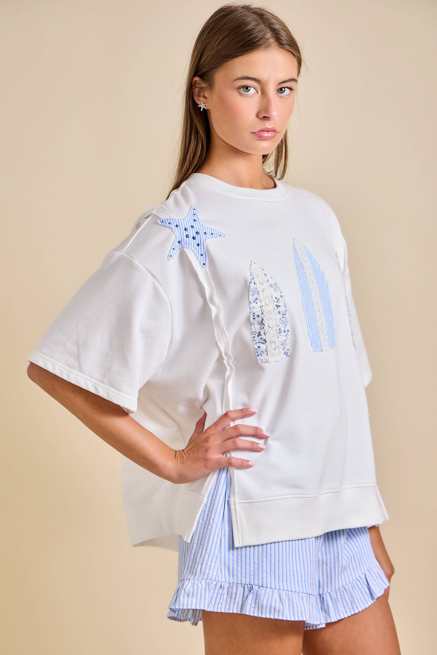 Ladies Surfboard Patchwork Tee – Coastal Summer Top