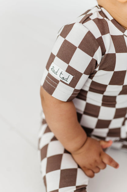 BAMBOO - BRONZE CHECKERED SHORT SLEEVE ONESIE