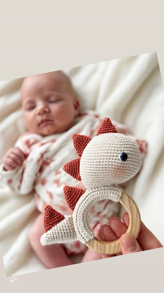 Handmade Dinosaur Rattle Teether – Safe Maple Wood & Cotton