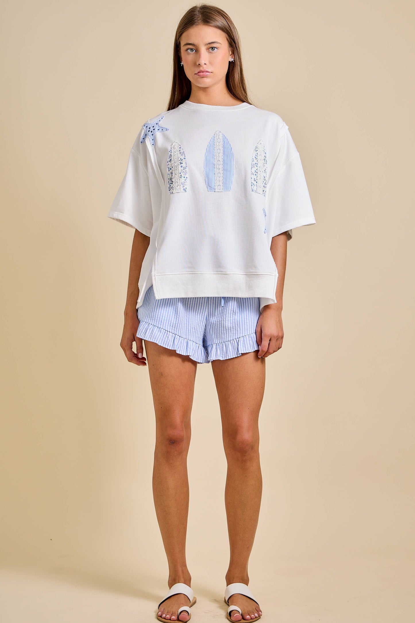 Ladies Surfboard Patchwork Tee – Coastal Summer Top