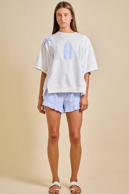 Ladies Surfboard Patchwork Tee – Coastal Summer Top