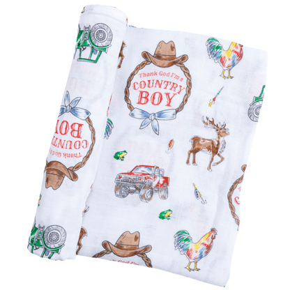 Country Boy Muslin Swaddle Receiving Blanket Soft Bamboo Cotton Blend