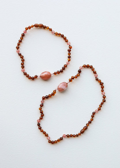 Cognac Baltic Sea Amber || Cherry + Rose Quartz || Necklace Set