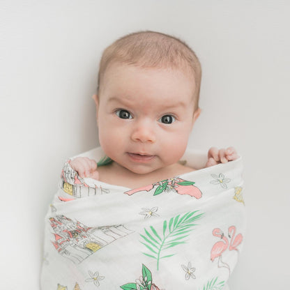 Gift Set: Florida Baby Muslin Swaddle Blanket and Burp Cloth/Bib Combo (Floral) Newborn Essentials for Feeding and Comfort
