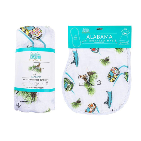 Gift Set: Alabama Baby Muslin Swaddle Blanket and Burp Cloth/Bib Combo Soft Breathable Bamboo Cotton