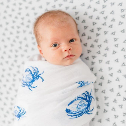 Gift Set: Blue Crab Baby Muslin Swaddle Blanket and Burp Cloth/Bib Combo Baby Shower Essential for Newborn