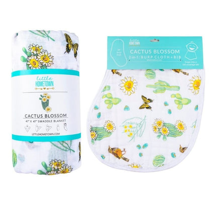 Gift Set: Cactus Blossom Baby Muslin Swaddle Blanket and Burp/Bib Combo Extra Large Bamboo Cotton