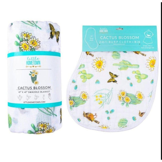 Gift Set: Cactus Blossom Baby Muslin Swaddle Blanket and Burp/Bib Combo Extra Large Bamboo Cotton