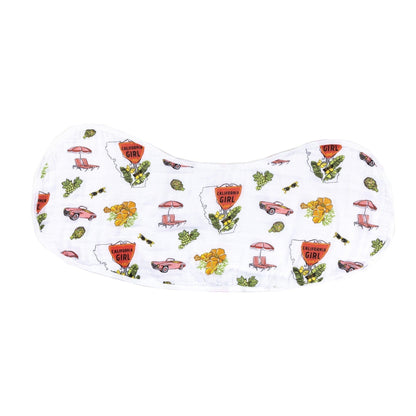 Gift Set: California Girl Muslin Swaddle Blanket and Burp Cloth/Bib Combo Newborn Essentials for Feeding and Comfort
