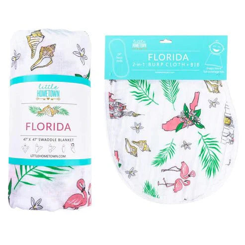 Gift Set: Florida Baby Muslin Swaddle Blanket and Burp Cloth/Bib Combo (Floral) Newborn Essentials for Feeding and Comfort