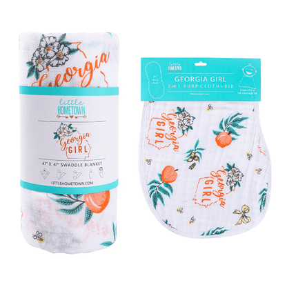 Gift Set: Georgia Girl Muslin Swaddle Blanket and Burp Cloth/Bib Combo Baby Shower Essential for Newborn
