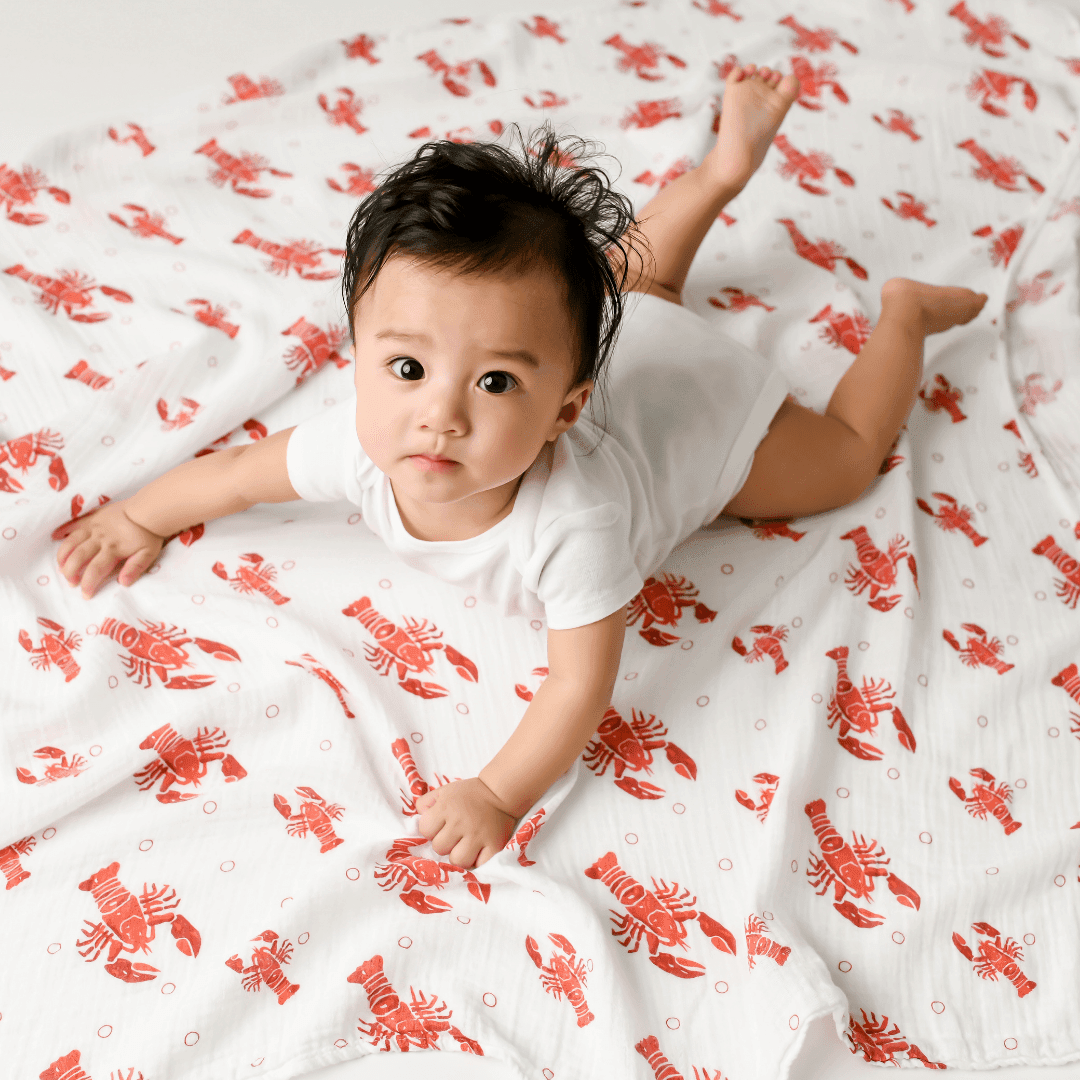 Gift Set: Heads Tails Crawfish Lobster Baby Muslin Swaddle Blanket and Burp Cloth/Bib Combo Extra Large Bamboo Cotton