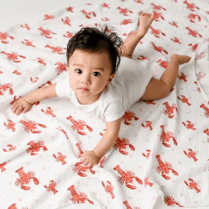 Gift Set: Heads Tails Crawfish Lobster Baby Muslin Swaddle Blanket and Burp Cloth/Bib Combo Extra Large Bamboo Cotton