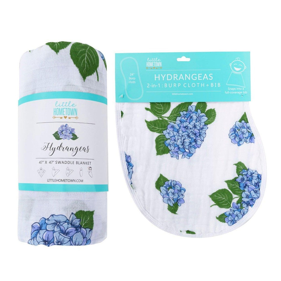 Gift Set: Hydrangeas Baby Muslin Swaddle Blanket and Burp Cloth/Bib Combo Newborn Essentials for Feeding and Comfort