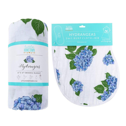 Gift Set: Hydrangeas Baby Muslin Swaddle Blanket and Burp Cloth/Bib Combo Newborn Essentials for Feeding and Comfort