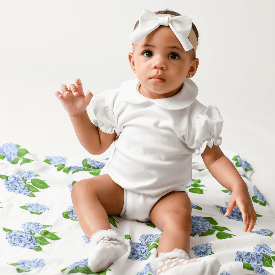 Gift Set: Hydrangeas Baby Muslin Swaddle Blanket and Burp Cloth/Bib Combo Newborn Essentials for Feeding and Comfort