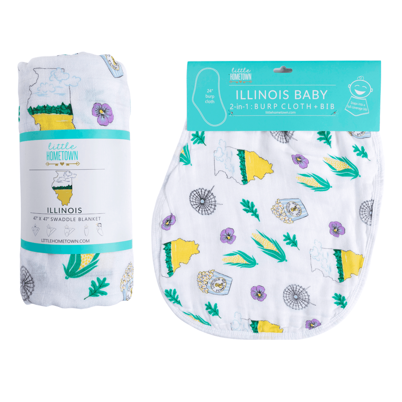 Gift Set: illinois Baby Muslin Swaddle Blanket and Burp Cloth/Bib Combo Soft Breathable Bamboo Cotton