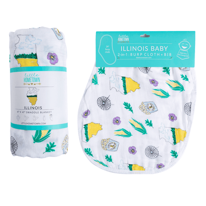 Gift Set: illinois Baby Muslin Swaddle Blanket and Burp Cloth/Bib Combo Soft Breathable Bamboo Cotton