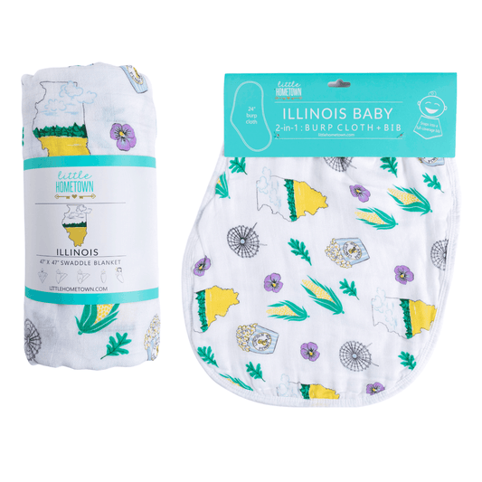 Gift Set: illinois Baby Muslin Swaddle Blanket and Burp Cloth/Bib Combo Soft Breathable Bamboo Cotton