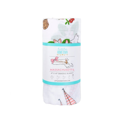 Gift Set: Massachusetts Floral Baby Muslin Swaddle Blanket and Burp Cloth/Bib Combo Baby Shower Essential for Newborn