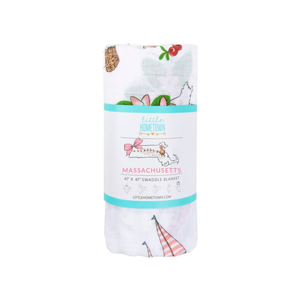 Gift Set: Massachusetts Floral Baby Muslin Swaddle Blanket and Burp Cloth/Bib Combo Baby Shower Essential for Newborn