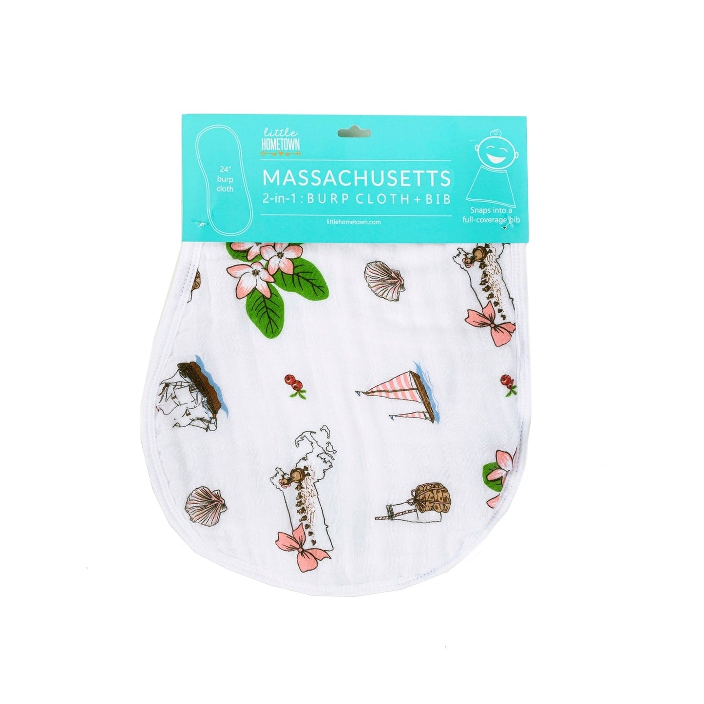 Gift Set: Massachusetts Floral Baby Muslin Swaddle Blanket and Burp Cloth/Bib Combo Baby Shower Essential for Newborn