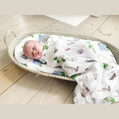 Gift Set: Massachusetts Floral Baby Muslin Swaddle Blanket and Burp Cloth/Bib Combo Baby Shower Essential for Newborn