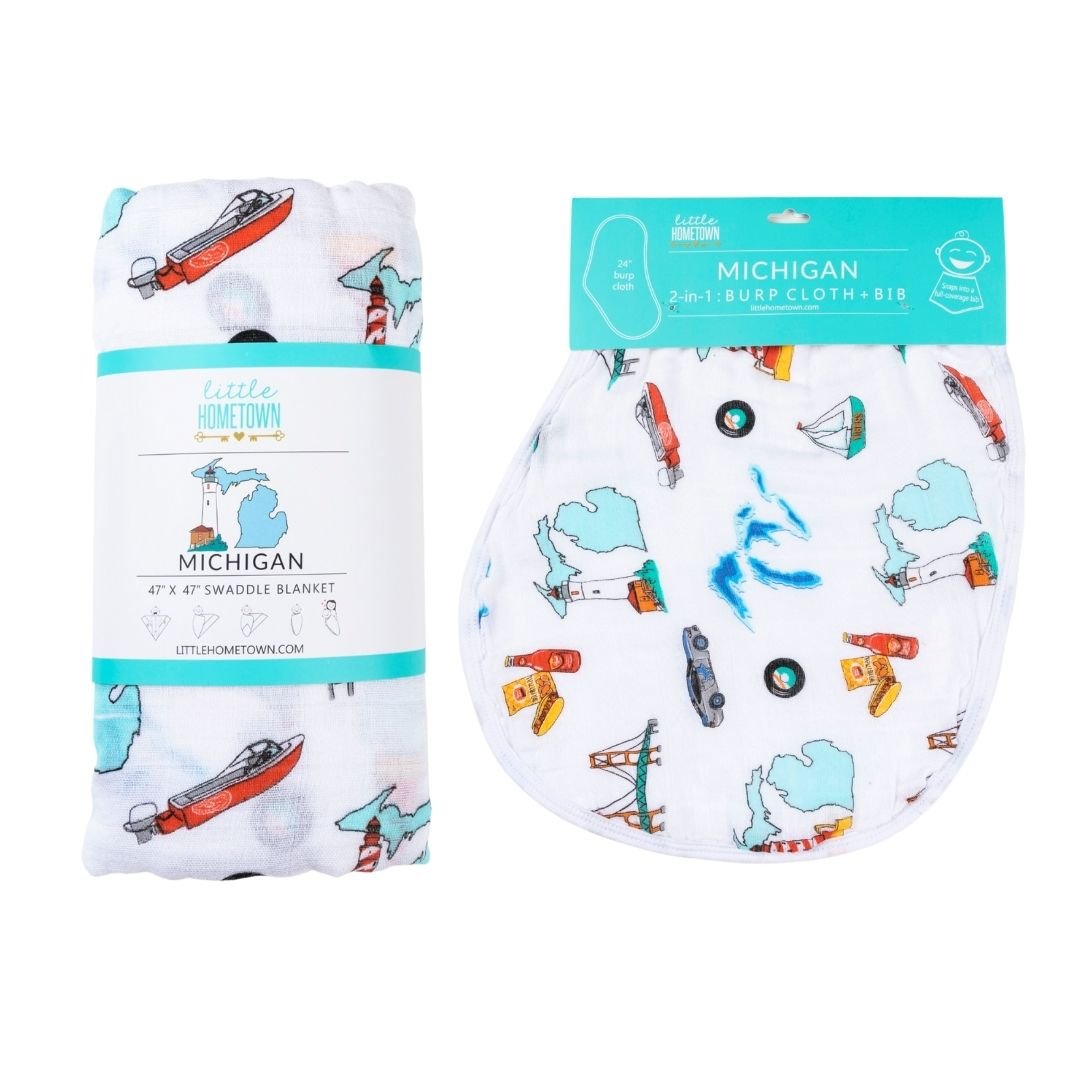 Gift Set: Michigan Baby Muslin Swaddle Blanket and Burp Cloth/Bib Combo Extra Large Bamboo Cotton