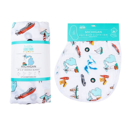 Gift Set: Michigan Baby Muslin Swaddle Blanket and Burp Cloth/Bib Combo Extra Large Bamboo Cotton