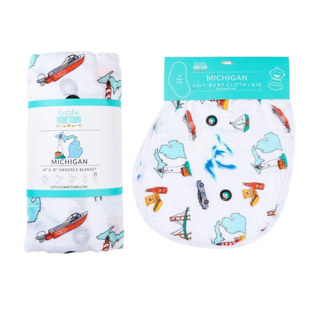 Gift Set: Michigan Baby Muslin Swaddle Blanket and Burp Cloth/Bib Combo Extra Large Bamboo Cotton