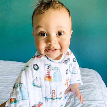 Gift Set: Michigan Baby Muslin Swaddle Blanket and Burp Cloth/Bib Combo Extra Large Bamboo Cotton