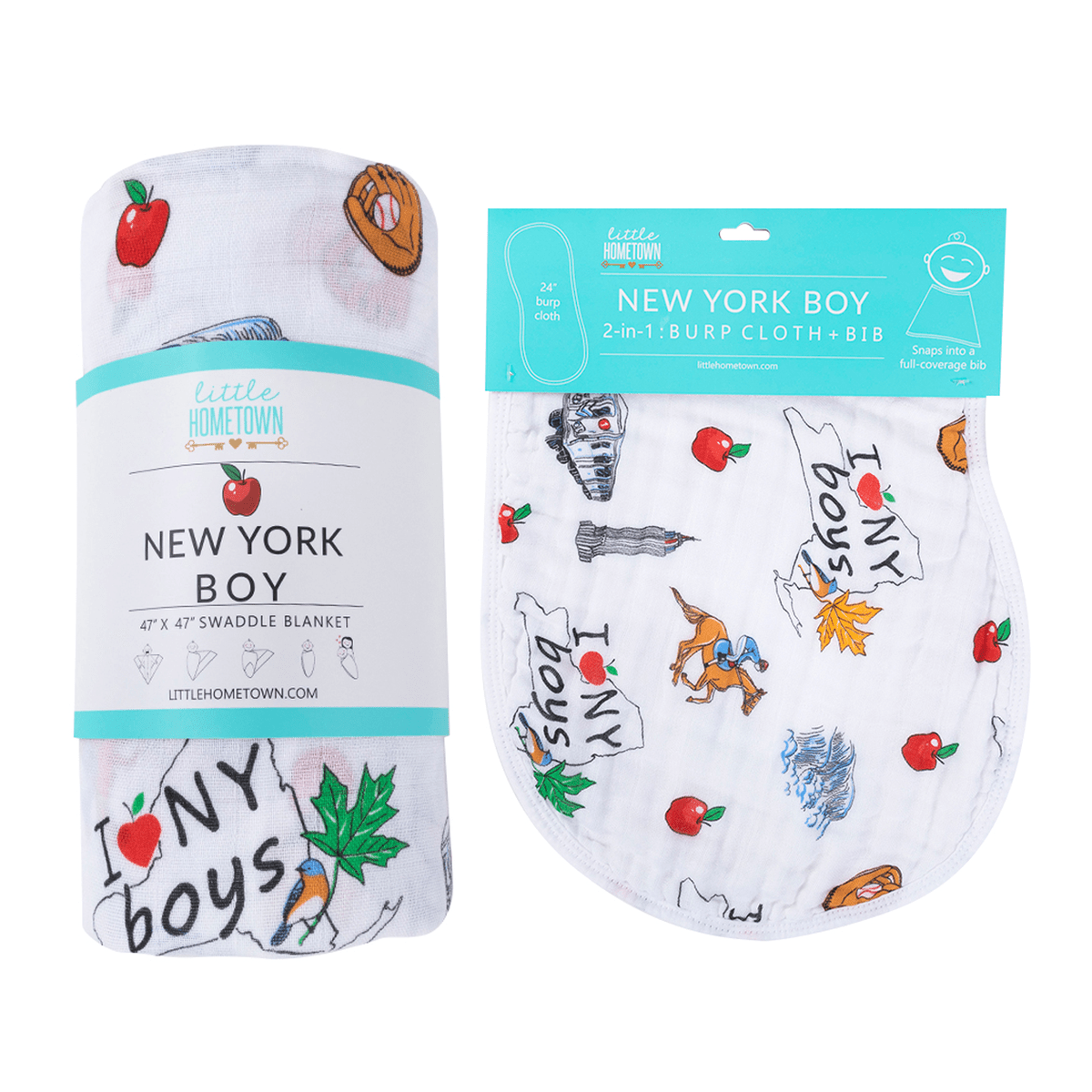 Gift Set: New York Baby Boy Muslin Swaddle Blanket and Burp Cloth/Bib Combo Hospital Coming Home Essential