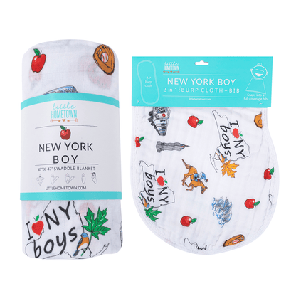 Gift Set: New York Baby Boy Muslin Swaddle Blanket and Burp Cloth/Bib Combo Hospital Coming Home Essential