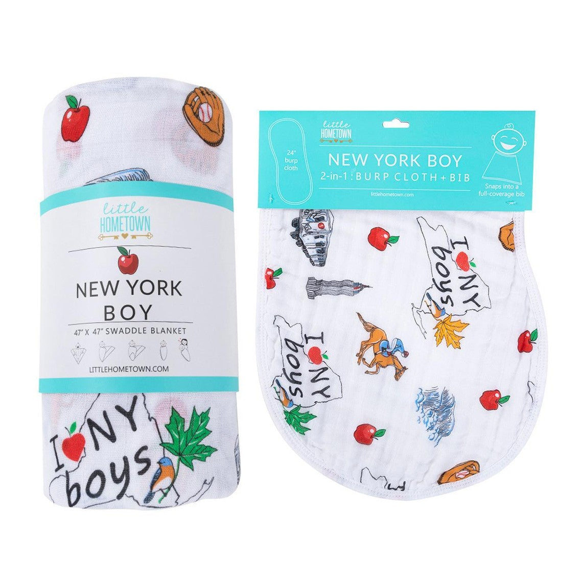 Gift Set: New York Baby Boy Muslin Swaddle Blanket and Burp Cloth/Bib Combo Hospital Coming Home Essential