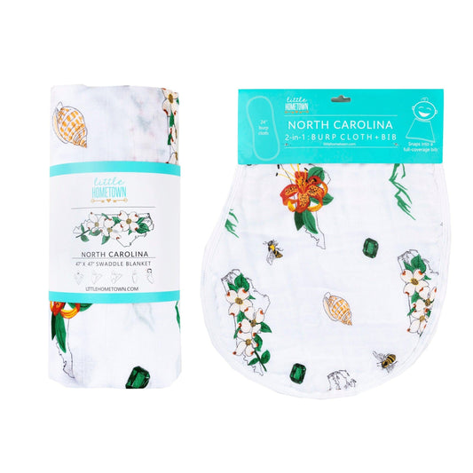Gift Set: North Carolina Baby Muslin Swaddle Blanket and Burp Cloth/Bib Combo (Floral) Baby Shower Essential for Newborn