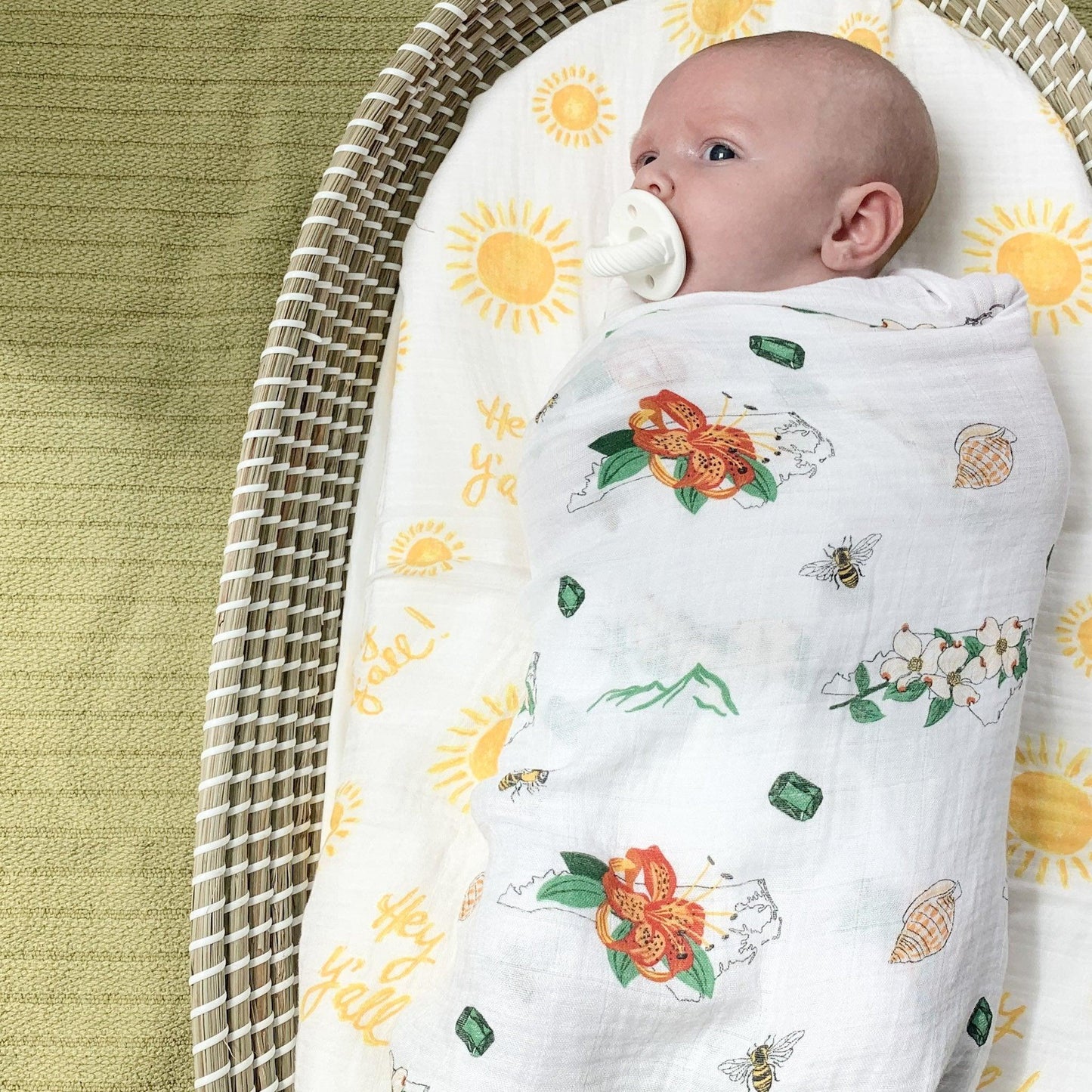Gift Set: North Carolina Baby Muslin Swaddle Blanket and Burp Cloth/Bib Combo (Floral) Baby Shower Essential for Newborn