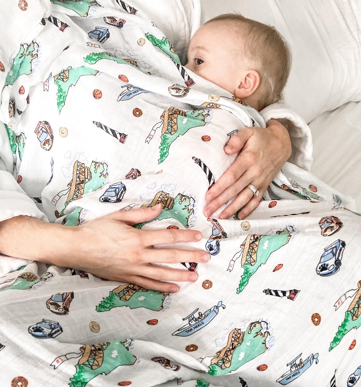 Gift Set: North Carolina Baby Muslin Swaddle Blanket and Burp Cloth/Bib Combo Soft Breathable Bamboo Cotton