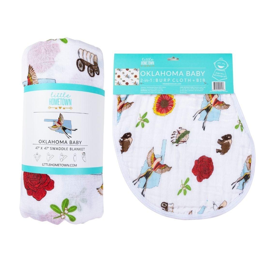Gift Set: Oklahoma Swaddle Blanket and Burp Cloth/Bib Combo Soft Breathable Bamboo Cotton