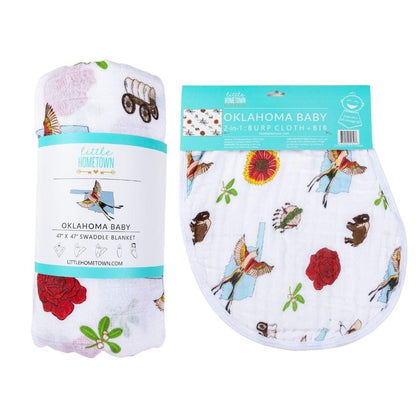 Gift Set: Oklahoma Swaddle Blanket and Burp Cloth/Bib Combo Soft Breathable Bamboo Cotton