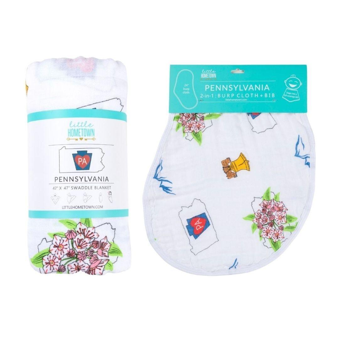 Gift Set: Pennsylvania Baby Muslin Swaddle Blanket and Burp Cloth/Bib Combo Hospital Coming Home Essential