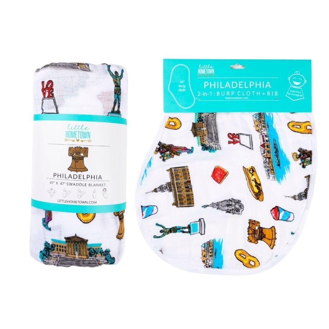 Gift Set: Philadelphia Baby Muslin Swaddle Blanket and Burp Cloth/Bib Combo Newborn Essentials for Feeding and Comfort