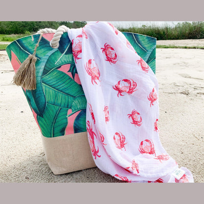 Gift Set: Pink Crab Baby Muslin Swaddle Blanket and Burp Cloth/Bib Combo Soft Breathable Bamboo Cotton