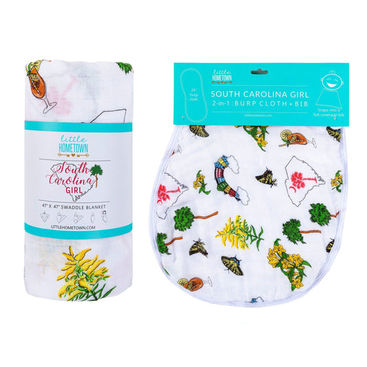 Gift Set: South Carolina Girl Baby Muslin Swaddle Blanket and Burp Cloth/Bib Combo Soft Breathable Bamboo Cotton
