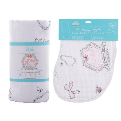 Gift Set: Southern Belle Baby Muslin Swaddle Blanket and Burp Cloth/Bib Combo Extra Large Bamboo Cotton