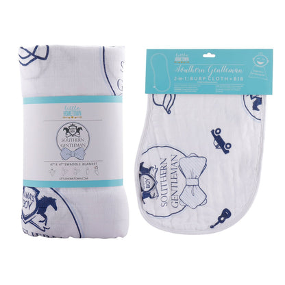 Gift Set: Southern Gentleman Baby Muslin Swaddle Blanket and Burp Cloth/Bib Combo Hospital Coming Home Essential
